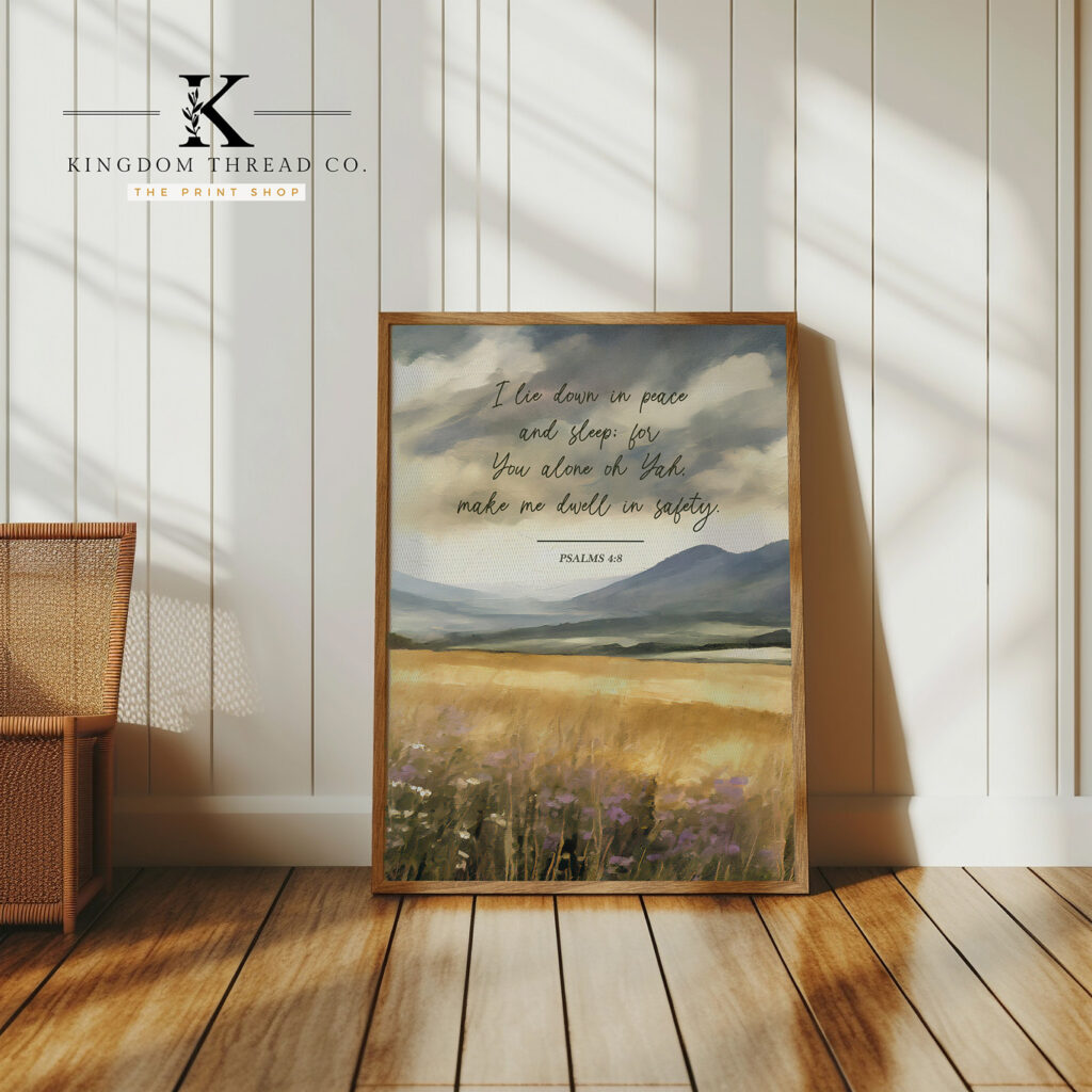 Lie Down in Peace — Vintage Mountain Landscape Scripture Print & Canvas ...